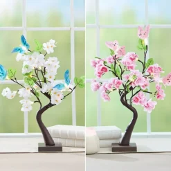 Lighted Fiber Optic Flower Butterfly Tabletop Tree - Pink or Yellow