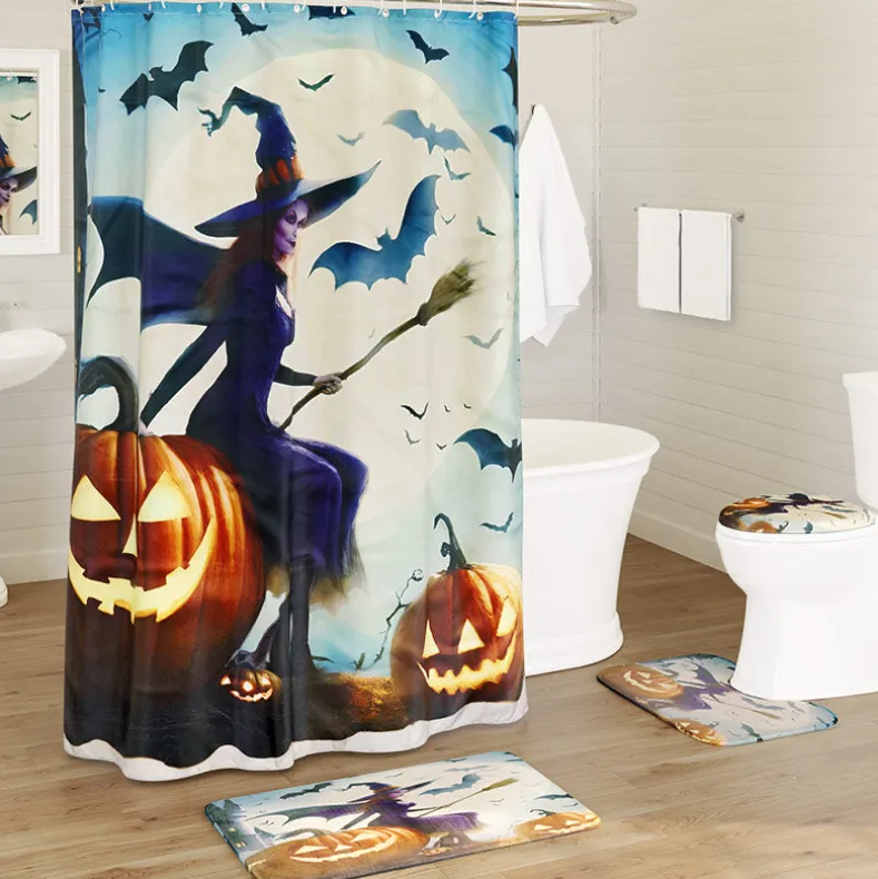 Memory Foam Bath Rugs and Shower Curtain Complete 16-Pc Set Halloween