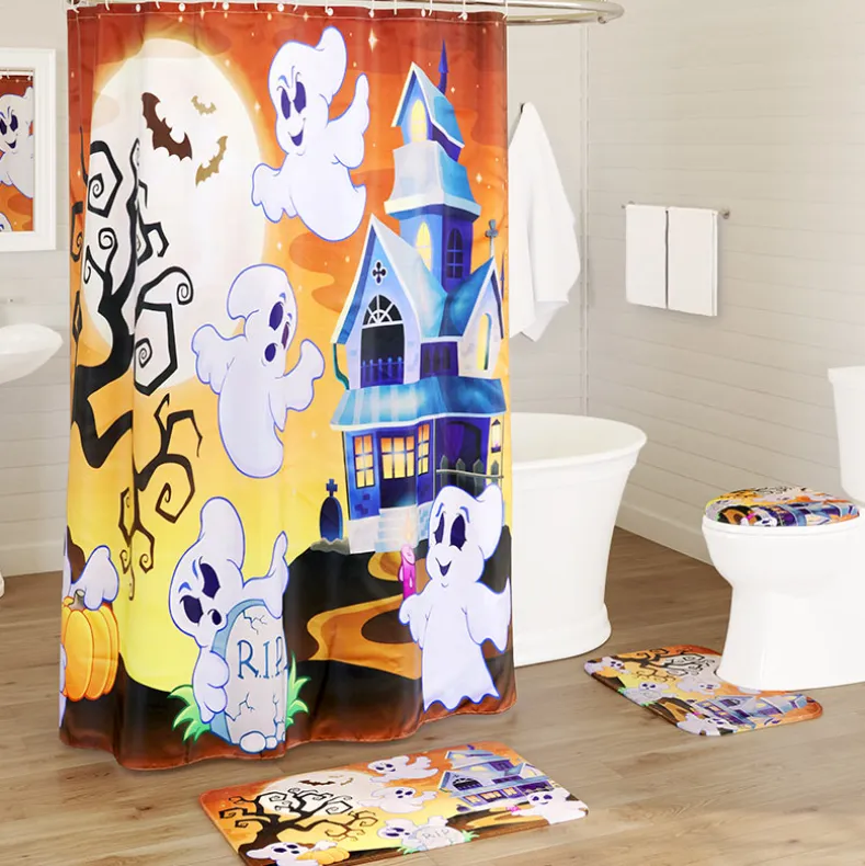 Memory Foam Bath Rugs and Shower Curtain Complete 16-Pc Set Halloween