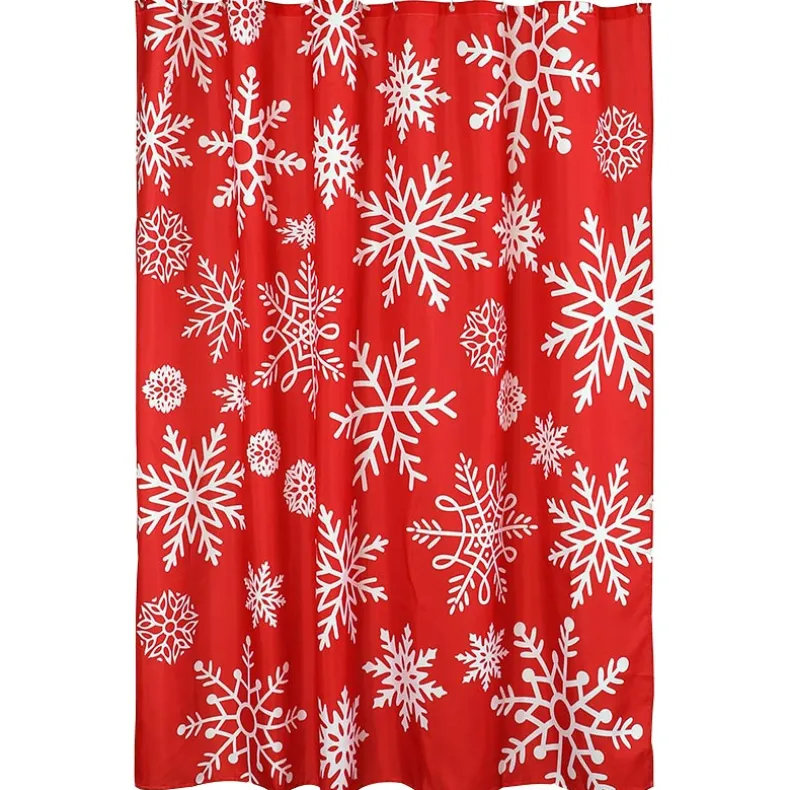 Memory Foam Bath Rugs & Shower Curtain Complete 16-Pc Set Red Snowflake