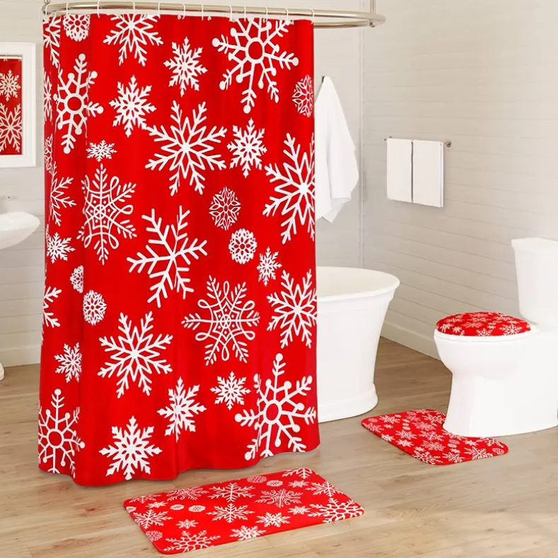 Memory Foam Bath Rugs & Shower Curtain Complete 16-Pc Set Red Snowflake