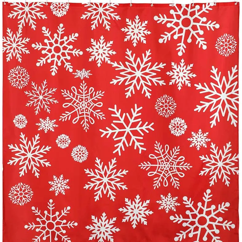 Memory Foam Bath Rugs & Shower Curtain Complete 16-Pc Set Red Snowflake
