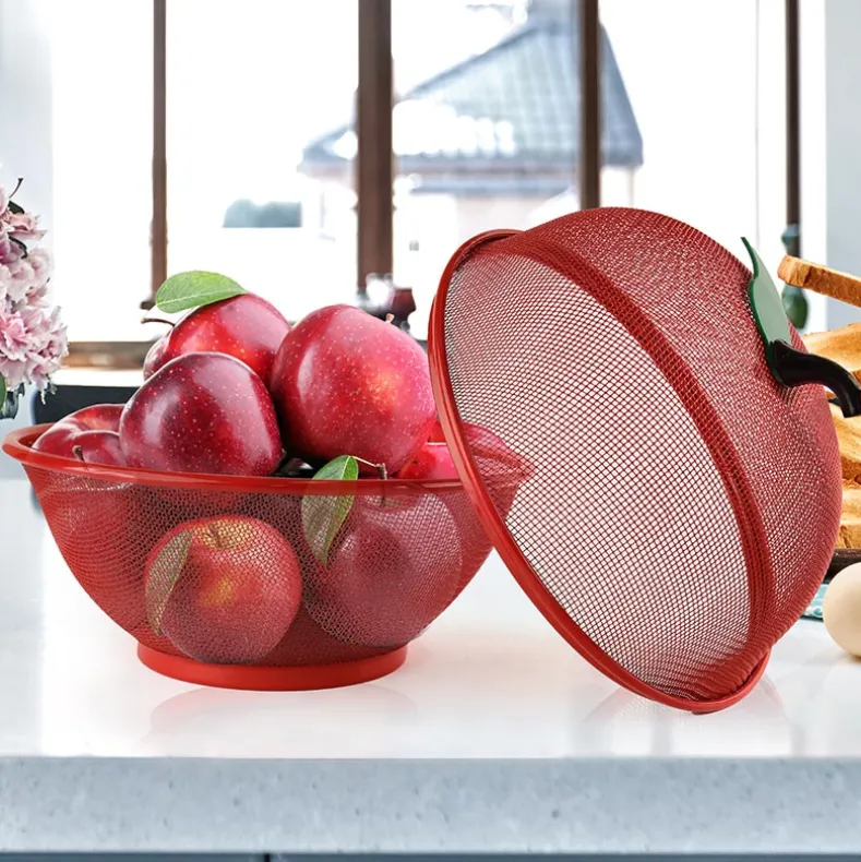 Mesh Wire Apple Shaped Fruit Basket with Lid Fruit Bowl Cover 2 Pc