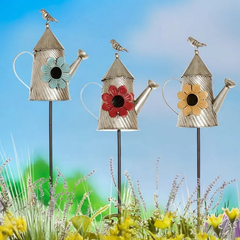 Metal Birdhouse Garden Stakes – Yellow, Red, and Blue Colors