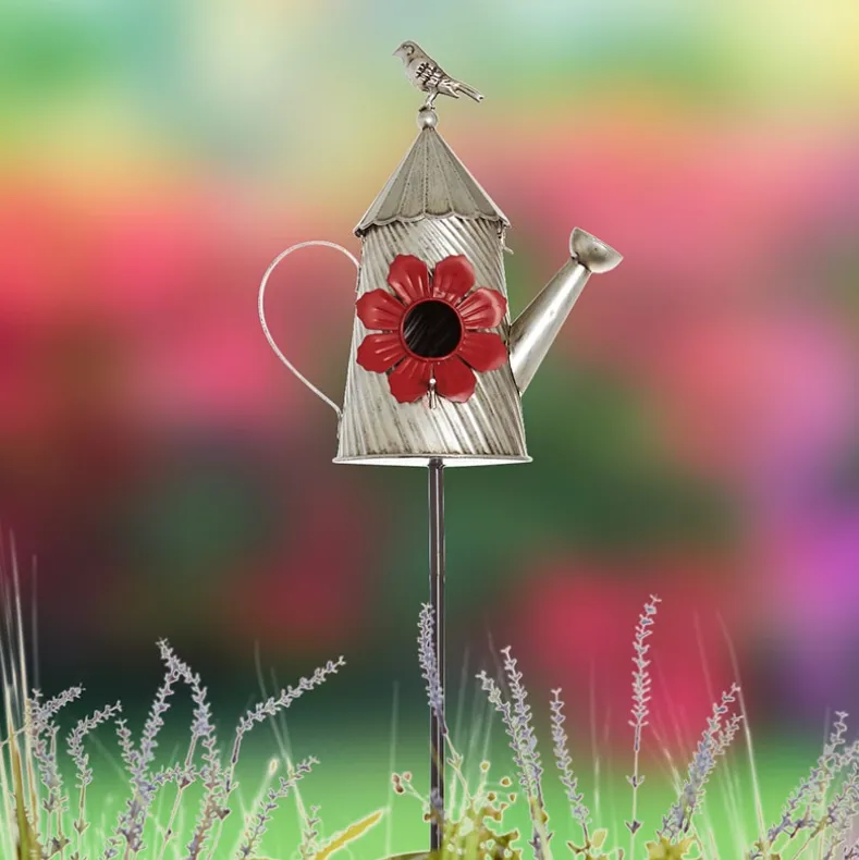 Metal Birdhouse Garden Stakes – Yellow, Red, and Blue Colors