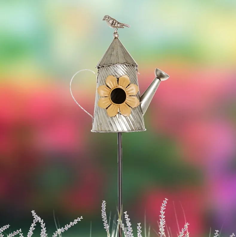Metal Birdhouse Garden Stakes – Yellow, Red, and Blue Colors