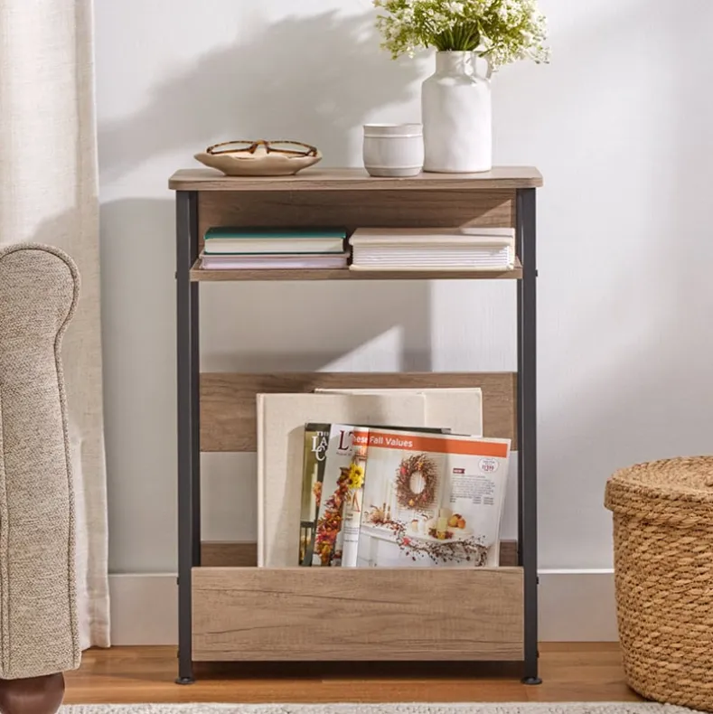 Narrow End Table with Shelf and Magazine Holder - 24"H