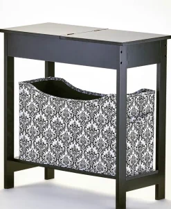 Narrow Wood Side Table with Flip-Top and Fabric Storage Bin