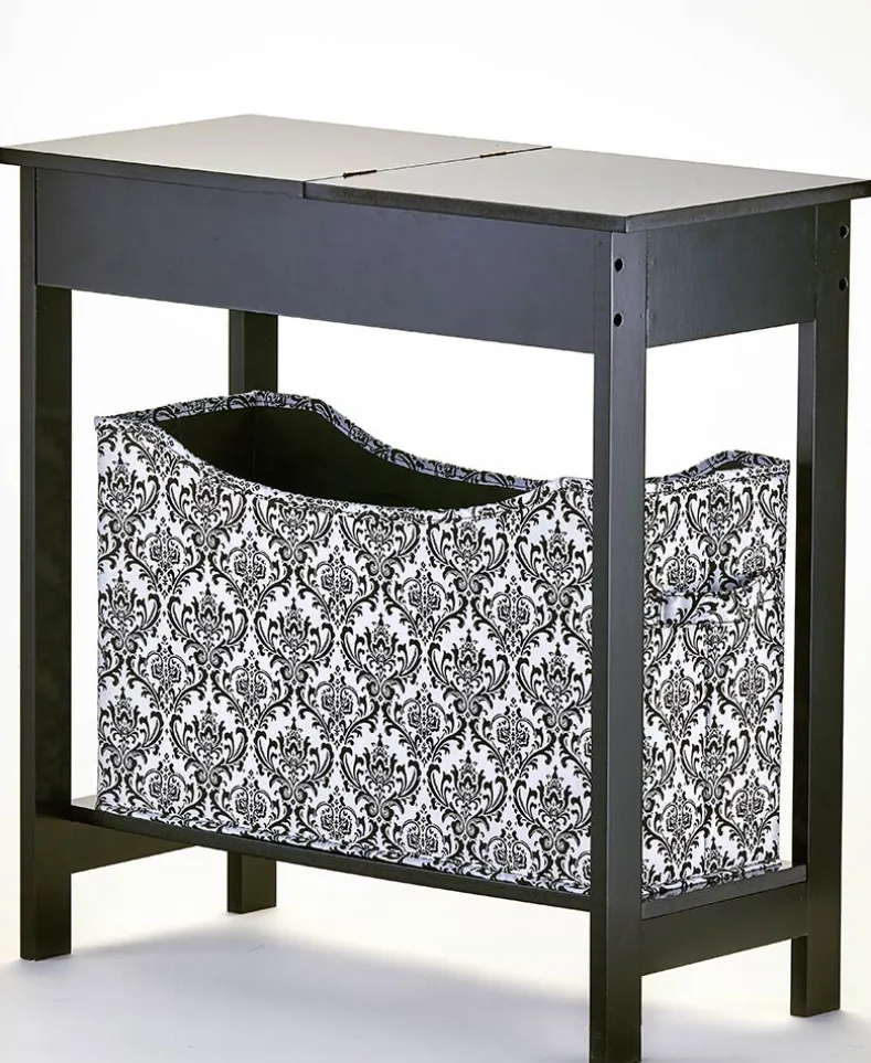 Narrow Wood Side Table with Flip-Top and Fabric Storage Bin