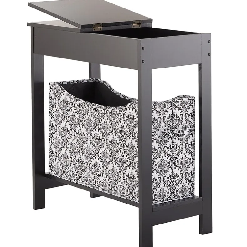 Narrow Wood Side Table with Flip-Top and Fabric Storage Bin