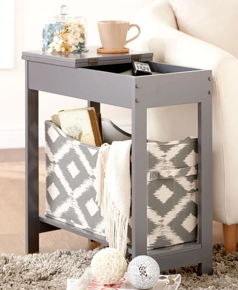 Narrow Wood Side Table with Flip-Top and Fabric Storage Bin
