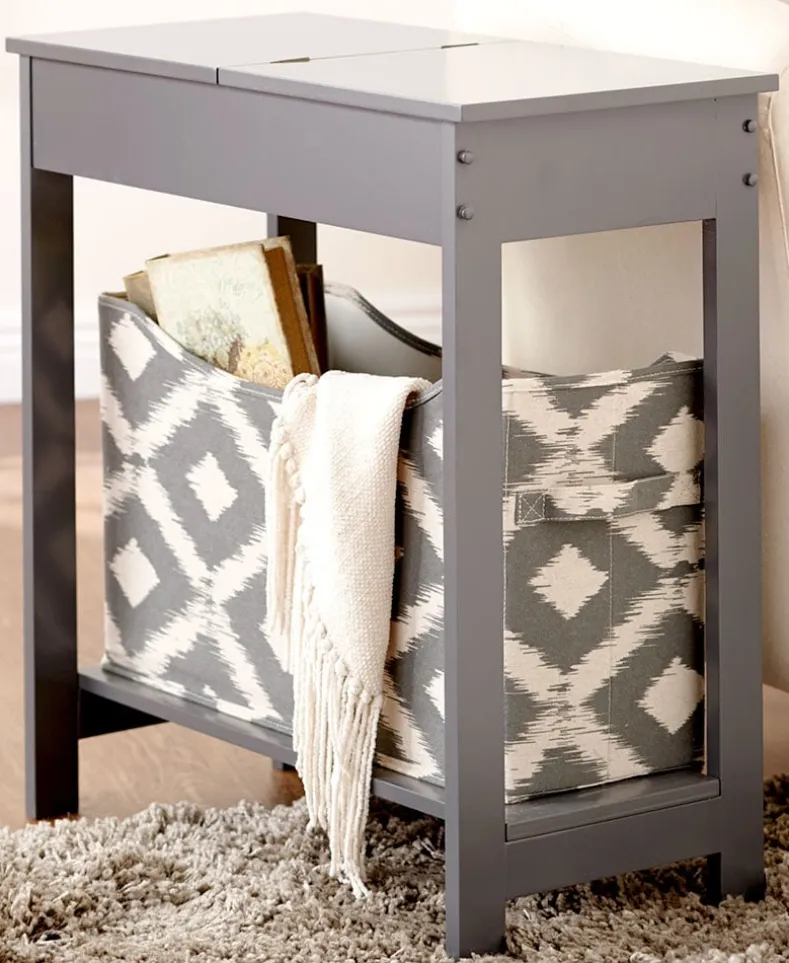 Narrow Wood Side Table with Flip-Top and Fabric Storage Bin