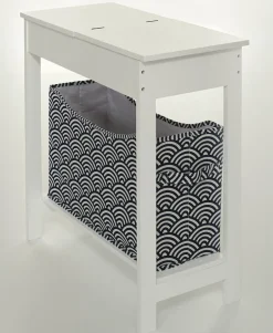 Narrow Wood Side Table with Flip-Top and Fabric Storage Bin