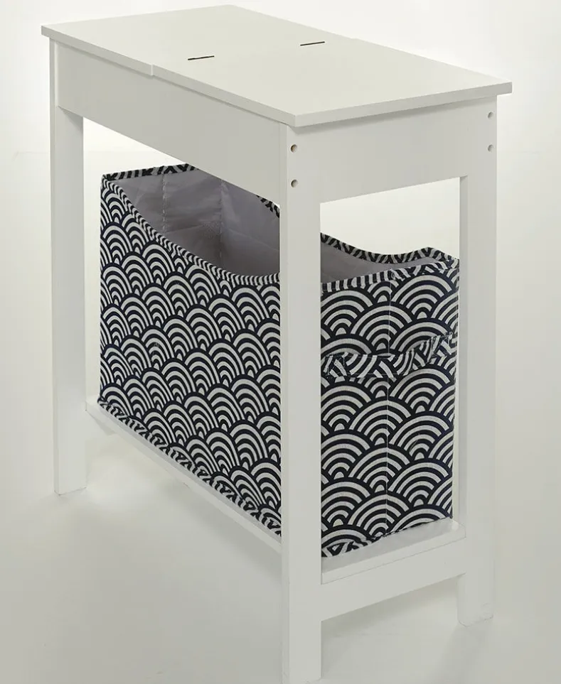 Narrow Wood Side Table with Flip-Top and Fabric Storage Bin