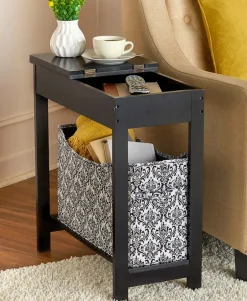 Narrow Wood Side Table with Flip-Top and Fabric Storage Bin