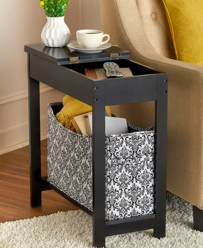 Narrow Wood Side Table with Flip-Top and Fabric Storage Bin