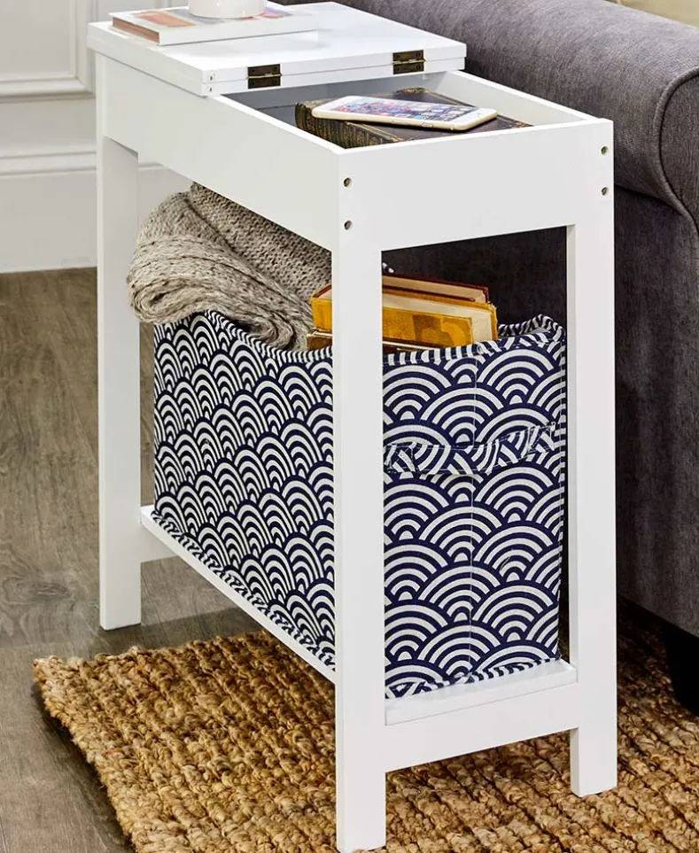Narrow Wood Side Table with Flip-Top and Fabric Storage Bin
