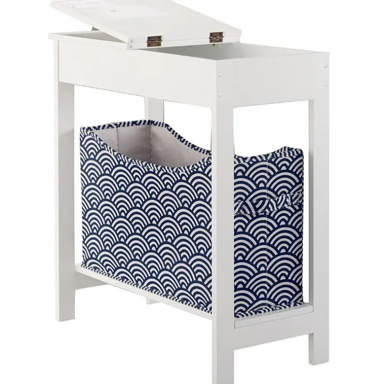 Narrow Wood Side Table with Flip-Top and Fabric Storage Bin