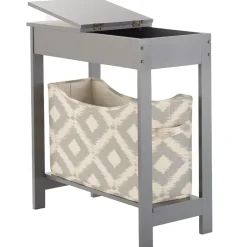 Narrow Wood Side Table with Flip-Top and Fabric Storage Bin