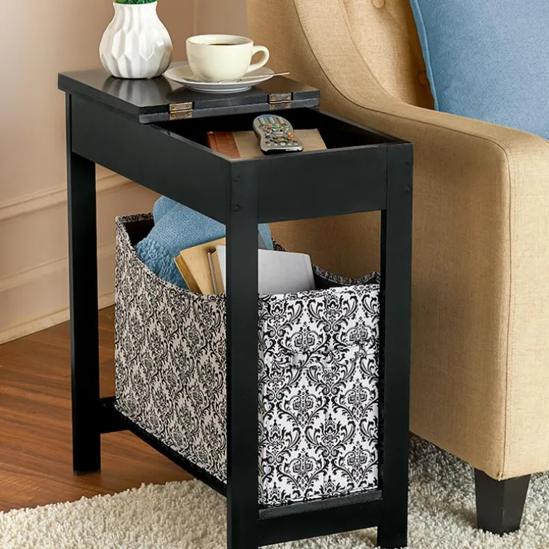 Narrow Wood Side Table with Flip-Top and Fabric Storage Bin