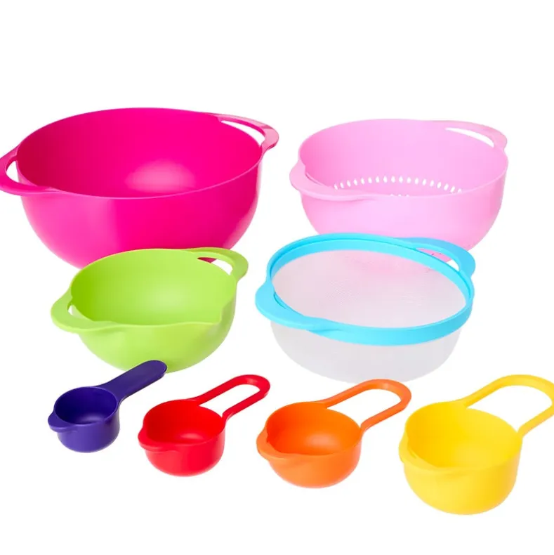 Nested Mixing Bowl and Measuring Cup Set Multicolored Plastic