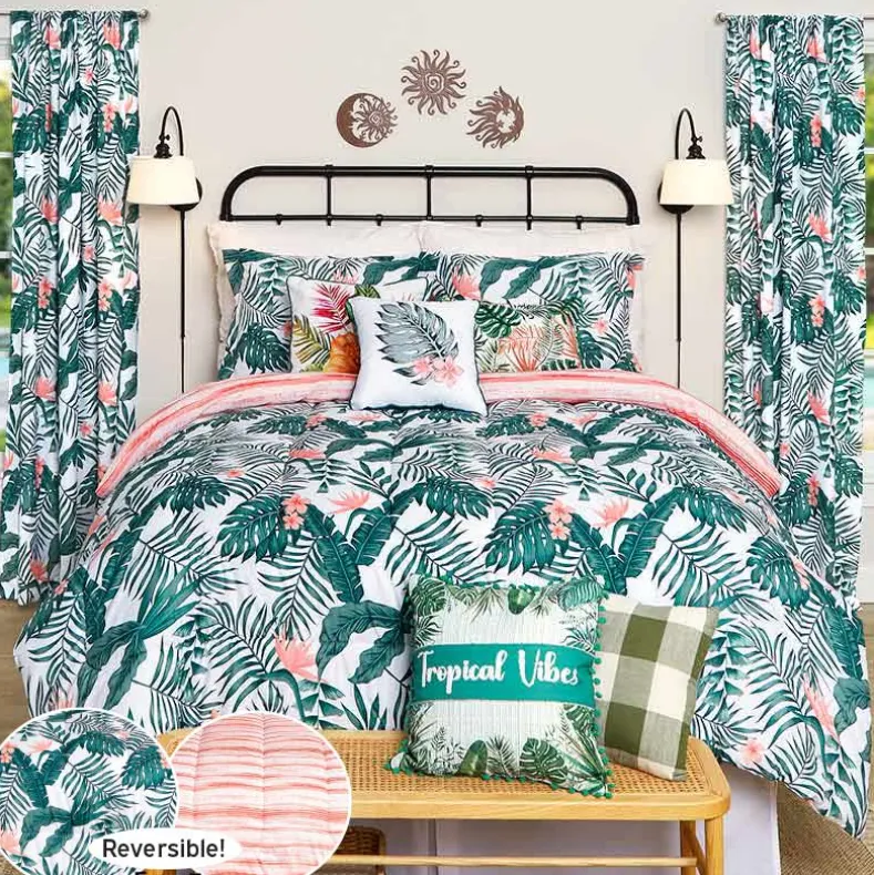 Palm Floral Reversible Full/Queen or King Comforter Set, Decorative Pillow