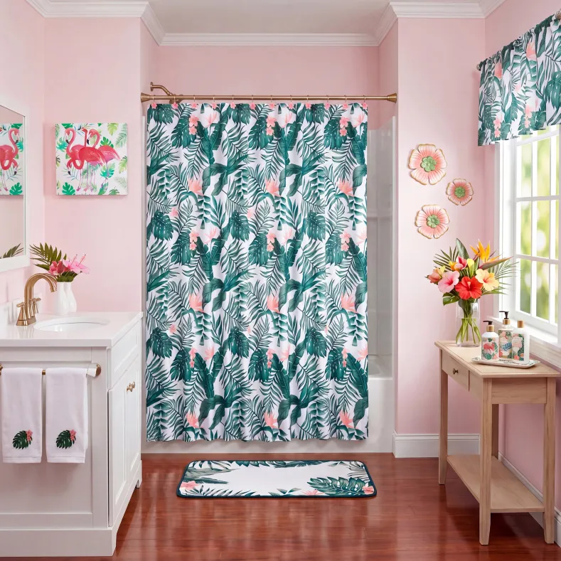 Palm Floral Shower Curtain, Bath Rug, Hand Towels, Valance, or Hooks