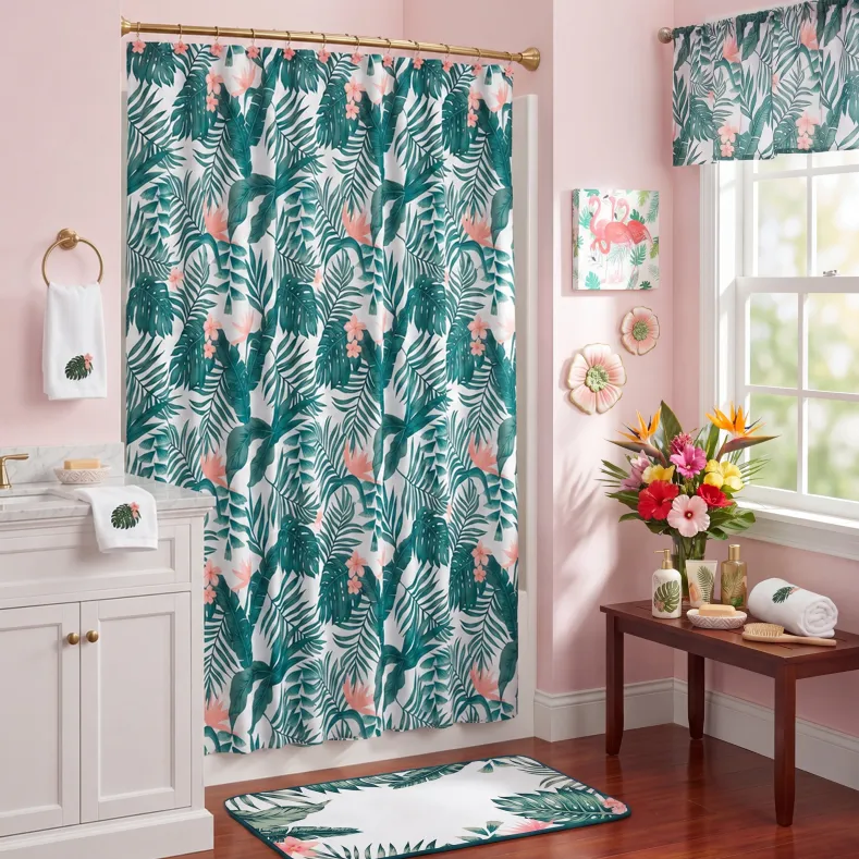 Palm Floral Shower Curtain, Bath Rug, Hand Towels, Valance, or Hooks