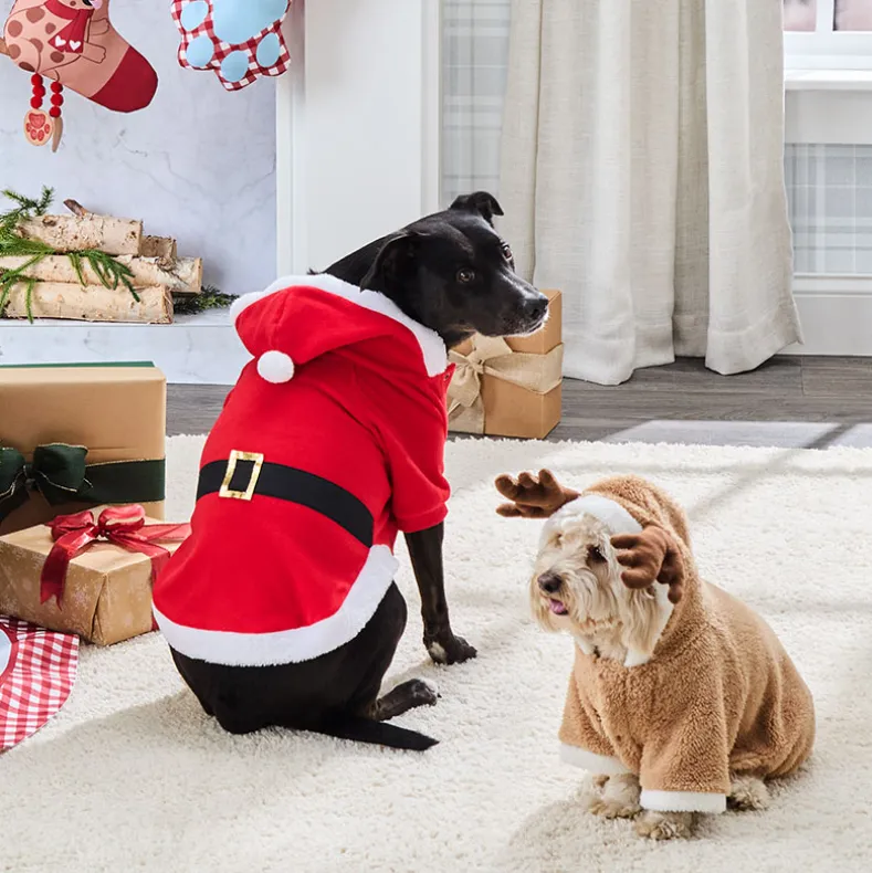 Pet Santa Or Reindeer Plush Fabric Costume With Hood