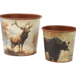 Planter Lodge Themed Decor In Large With Elk and Small With Bear