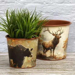 Planter Lodge Themed Decor In Large With Elk and Small With Bear