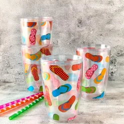 Plastic 16oz Insulated Tumbler Set of 4 Flamingo or Flipflops