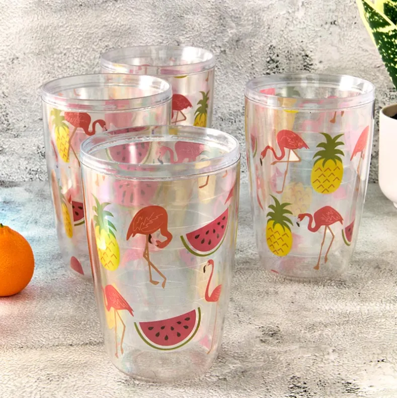 Plastic 16oz Insulated Tumbler Set of 4 Flamingo or Flipflops