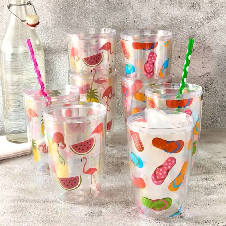 Plastic 16oz Insulated Tumbler Set of 4 Flamingo or Flipflops