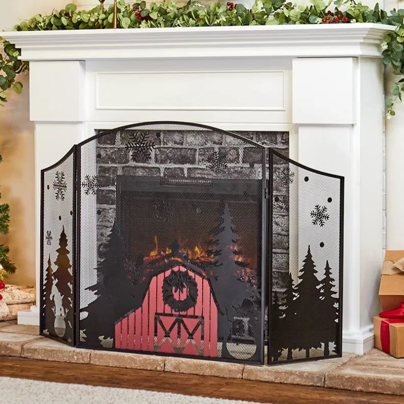 Red Barn Christmas Fireplace Screen