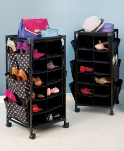 Rolling Shoe Storage Unit with Fabric Cubbies