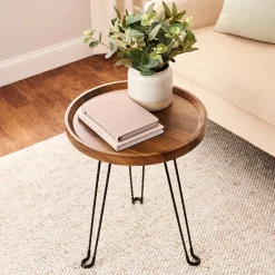 Round Wooden Side Table with Metal Foldable Legs - 15