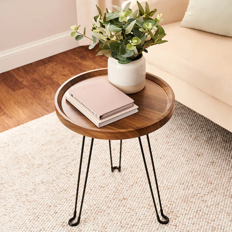 Round Wooden Side Table with Metal Foldable Legs - 15"D