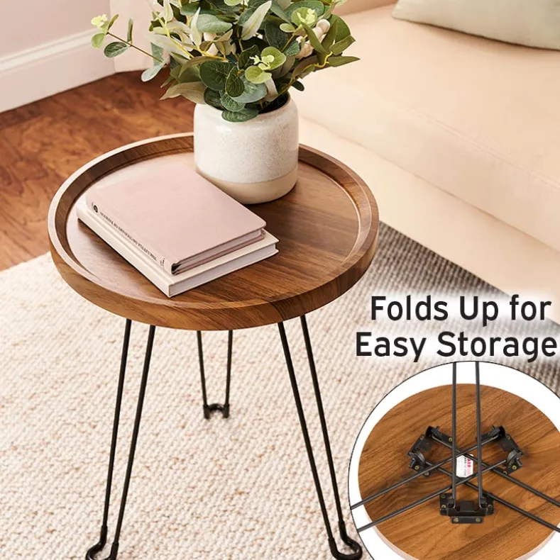 Round Wooden Side Table with Metal Foldable Legs - 15"D