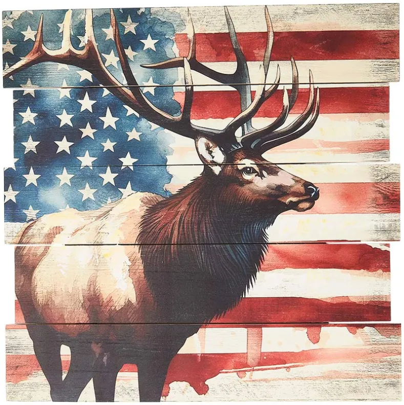 Rustic Plank Wall Art – Buck with American Flag Decor