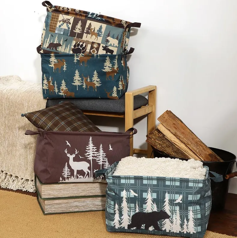 Rustic Printed Home Storage Decor Polyester Baskets Set of 2