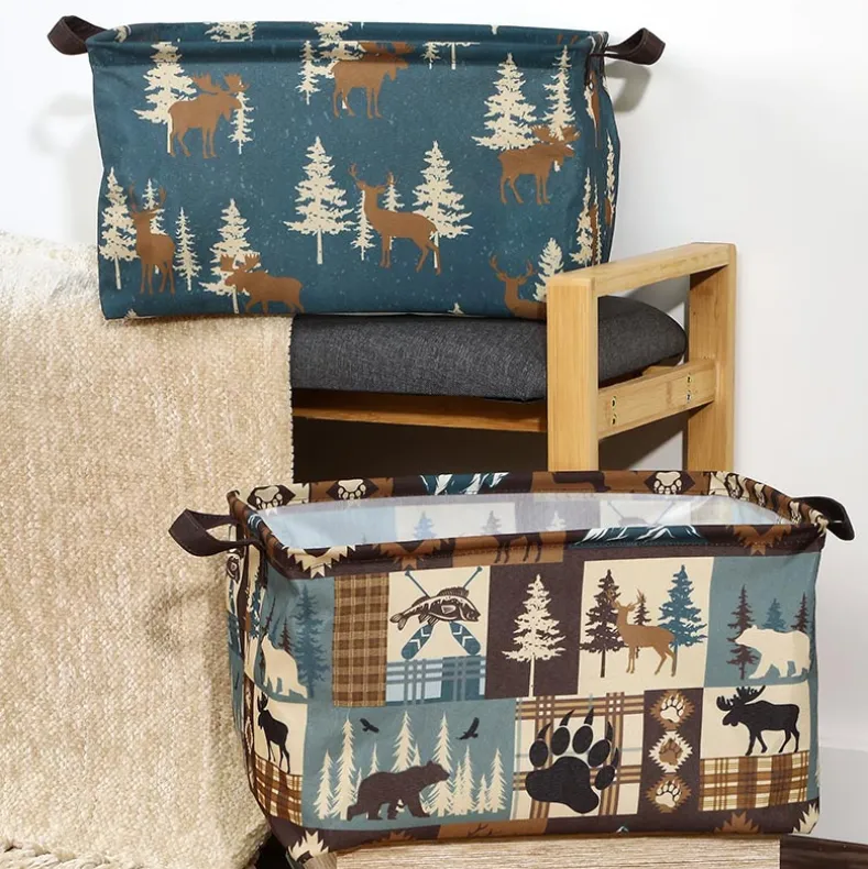 Rustic Printed Home Storage Decor Polyester Baskets Set of 2
