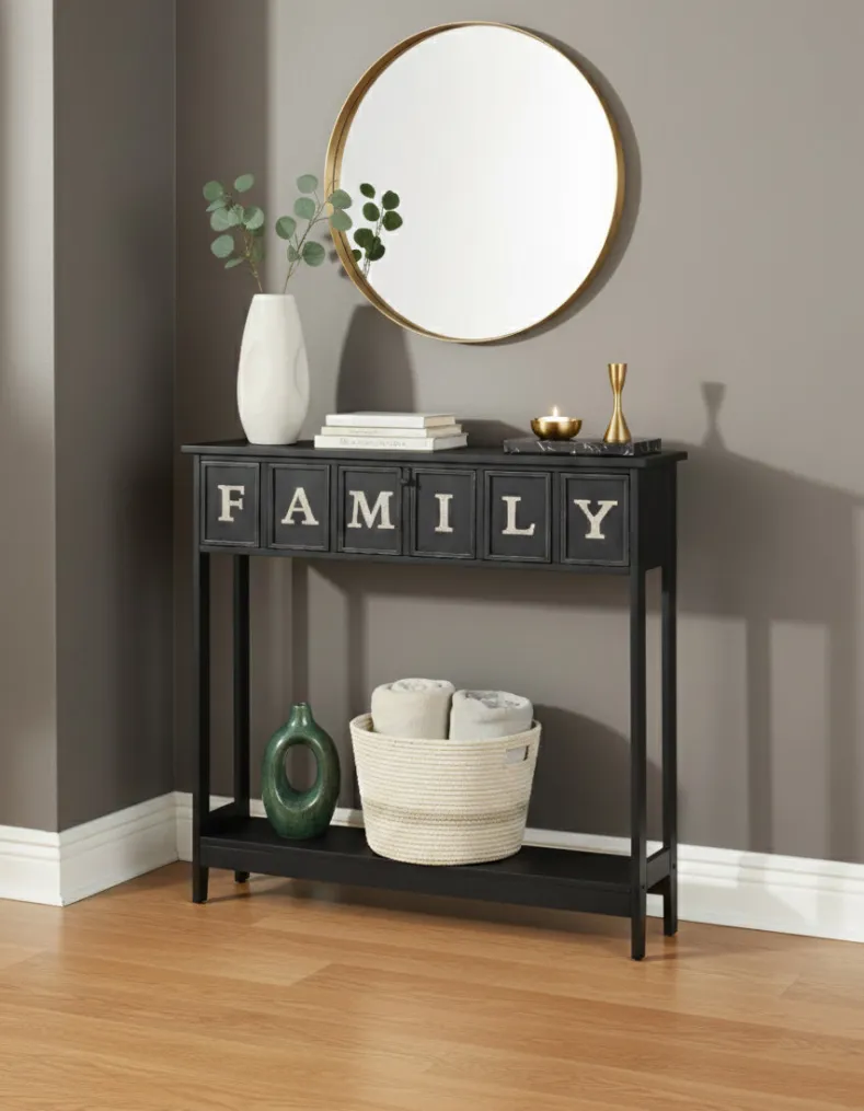 Rustic Wood Console Table with Galvanized Family Sentiment