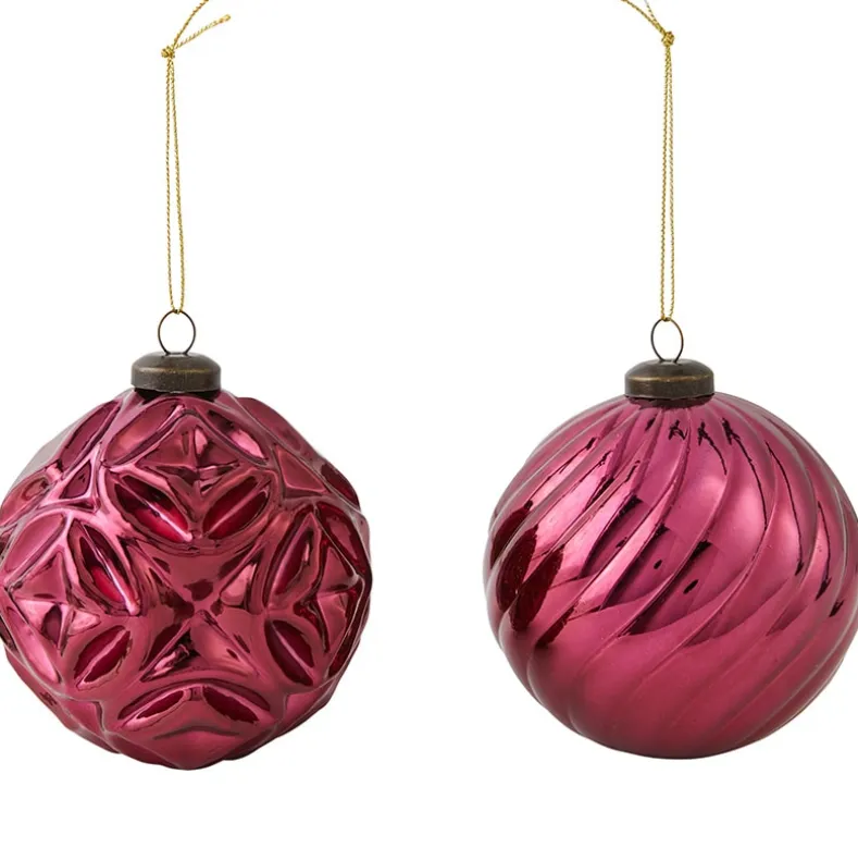 Set of 2 Burgundy Patterned Ball Ornaments