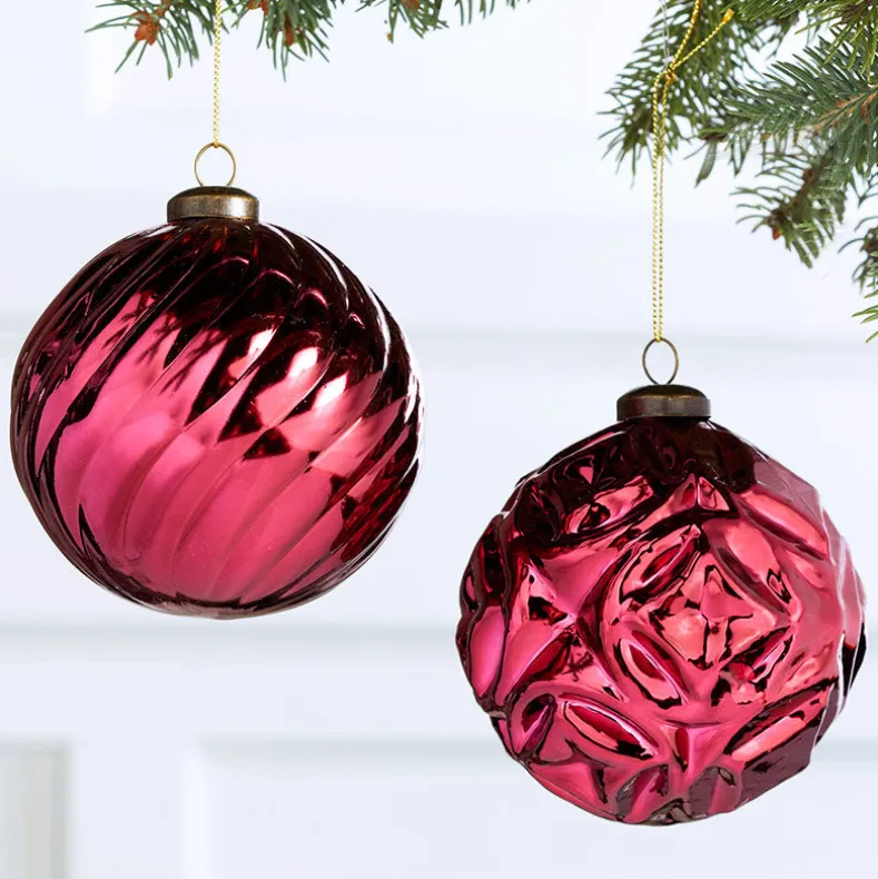 Set of 2 Burgundy Patterned Ball Ornaments