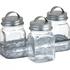 Set of 3 Glass Canisters in Galvanized Tray