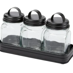 Set of 3 Glass Canisters in Galvanized Tray