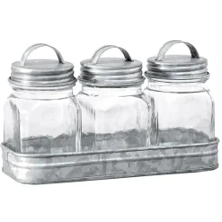 Set of 3 Glass Canisters in Galvanized Tray