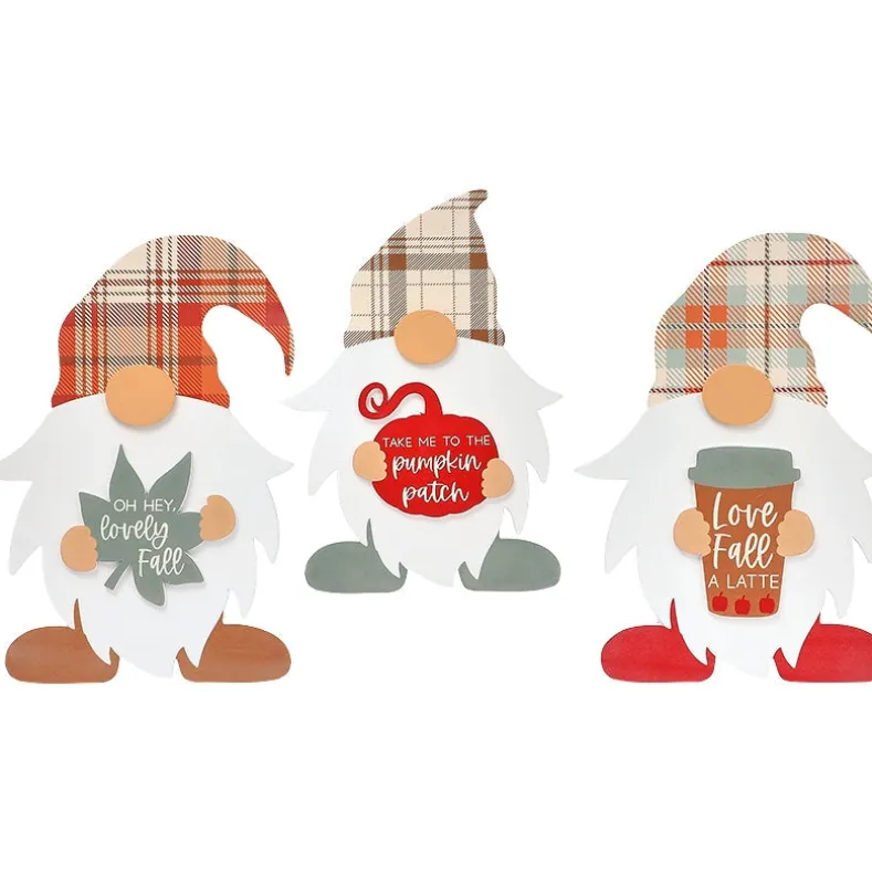 Set of 3 Gnome Fall Plaid Wood Tabletop Decor