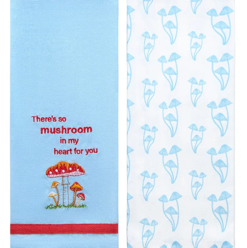 Set of 2 Spring Mushroom Embroidered Kitchen Towels